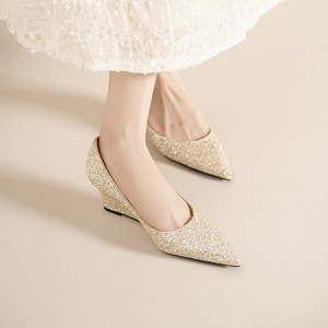 5222E Glitter <b>Silver</b> Pointed Toe <b>Flats</b> Wedding Shoes Summer Slip-On Height Increasing Crystal Decorated Women's - Product Image 3