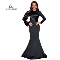 Robe arabe formelle super longue avec queue de poisson asymétrique courte couleur satin épissage butyle à manches longues et beauté de balayage au sol