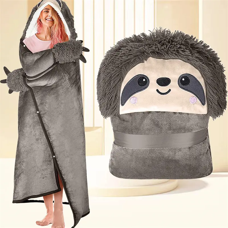 China Factory Sloth Wearable Hooded Blanket For Adult Super Soft Warm Cozy Plush Flannel Hoodie Cloak Wrap Winter Sherpa Blanket