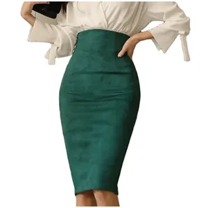 Moda kalem yeşil etekler kadın yüksek bel bodycon süet elbise katı wrapa etek ofis lady için