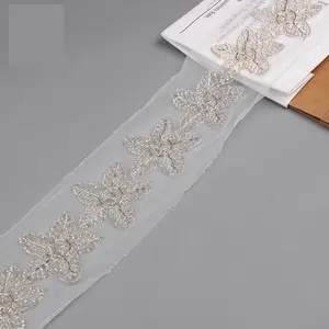 Design Bridal Beaded Polyester French Crystal Beads Chantilly Veil Beading Fabric Wedding Lace Trim