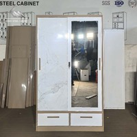 Armoire moderne à double porte coulissante en acier avec miroir à transfert floral, placard et armoire de rangement pour chambre à coucher