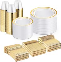 600 pièces de vaisselle jetable pour 100 invités, assiettes en plastique blanches avec bord doré, assiettes à dîner et à salade, gobelets, fourchettes, couteaux, élégant pour les événements