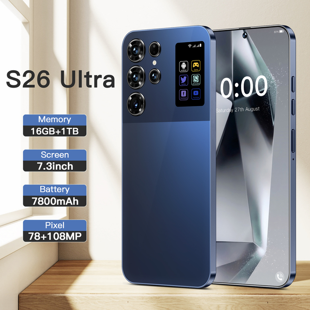 2025 Hot Selling S26 Ultra Unlocked 7.3inch 5G Android14 Smartphone 16GB+1TB Memory 108MP HD 100W Face Recognition Cell Spanish