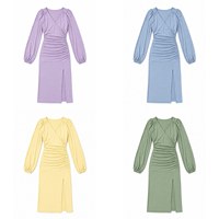 Nouvelle robe pour femme lavande, col en V, manches longues bouffantes, taille froncée, fente avant, robe moulante élégante mi-longue