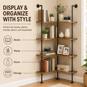 Custom <b>Pipe</b> <b>Shelves</b> Rustic Wood Ladder Bookshelf Wall Mounted <b>Shelf</b> for Living Room Decor and Storage Corner - Product Image 3