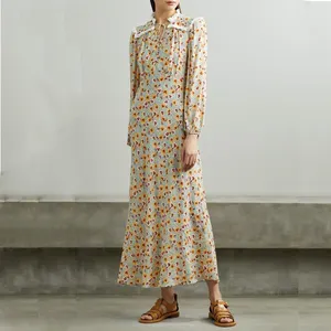 Vestido midi feminino com logotipo personalizado, elegante, casual, com renda, babado, manga longa, estampa floral