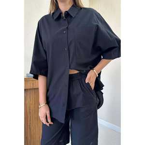 Conjunto de Camisa de Lino de Manga Corta y Pantalones Cortos para Mujer, Color Negro, Venta al por Mayor - Product Image 3