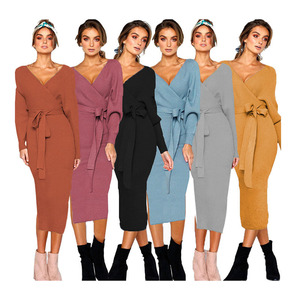 Abito <span class=keywords><strong>Lungo</strong></span> Elegante da Donna con Cintura, Maniche Lunghe, per Autunno e Inverno, Stile <span class=keywords><strong>Maglione</strong></span> Maxi - Product Image 1