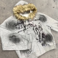 Fournisseur personnalisé 400 GSM Veste à capuche en fausse fourrure avec fermeture éclair et impression graphique lourde et surdimensionnée en coton, sweat à capuche pour hommes