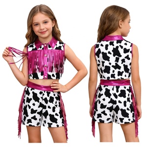<b>Girls</b> <b>Cow</b> Costume Fringe Vest High Waisted Shorts <b>Cow</b> Print Metallic Two Piece Set Country Dance <b>Outfit</b> Kids Performance Custom - Product Image 2