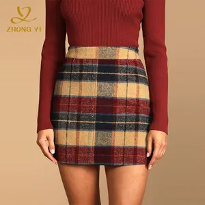 Custom Autumn Spring Women's Plaid Printed Solid Color High Waist Slim Design Button Tweed Wool Mini A-Line Casual Skirts