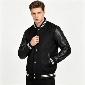 Veste universitaire classique personnalisée pour homme, veste bomber de baseball streetwear unie avec manches en similicuir et poignets rayés - Product Image 5