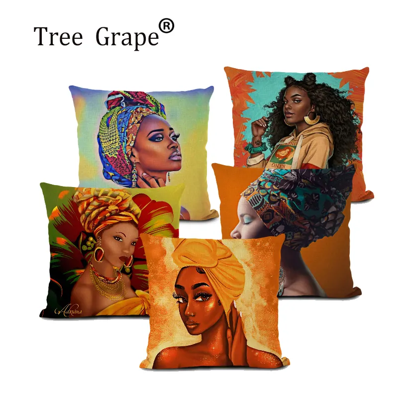 Carácter africano pintura al óleo nación mujeres funda de almohada decorativa funda de cojín de lino para decoración del hogar