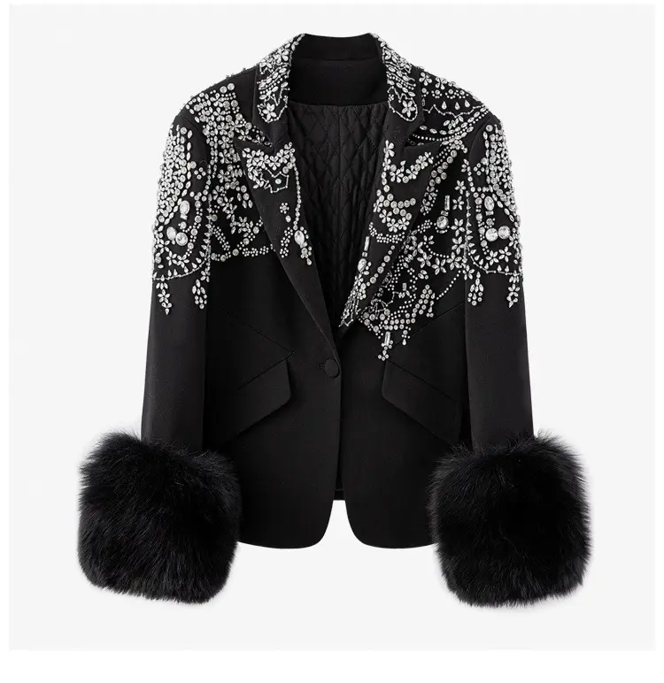 2020 Nieuwe Aankomst Vos Bont Mouwen Vongue Winter Warm Zwarte Mode Jassen Luxe Vrouwen Zachte Diamant Jas Voor Vrouwen
