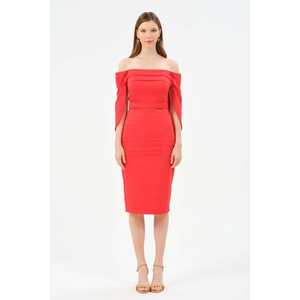 Vestido de noche Saks tipo lápiz con hombros descubiertos, satén, cintura natural, rojo - Product Image 3