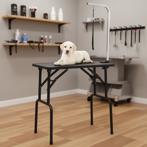 Mesa de peluquería canina negra con estructura de acero inoxidable y altura ajustable para el cuidado de mascotas - Product Image 2