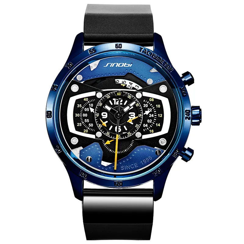 SINOBI New Creative Car Design Men's watches three sub dial design large wristwatches Big Dial date display men watches S9789G