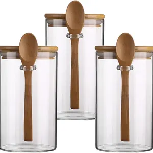 Boîtes en verre de stockage des aliments avec couvercle et cuillère en bambou hermétiques Récipient en verre transparent Organisation de la cuisine Bocaux Fournitures de cuisine