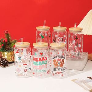 Offre Spéciale – Gobelet en Verre à Double Paroi de 16 oz avec Logo Personnalisé, Sublimation, Motif Neige de Noël, Couvercle en Bambou et Paille - Product Image 3