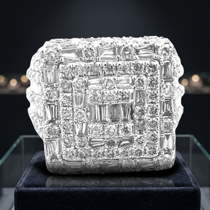 Rhodium Plated Square Cocktail Ring for Women Sparkling Diamond Cut Baguette and Round Stone <b>Cluster</b> - Product Image 3