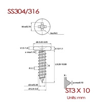 Vis autotaraudeuses à tête ultra-mince en acier inoxydable 304 à entraînement croisé CA pour tôles ST2 ST2.3 ST2.6 ST3 ST3.5 ST4 ST5 ST6 ST8