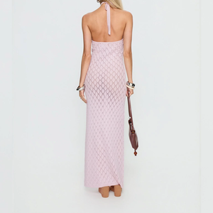 Abito <span class=keywords><strong>Lungo</strong></span> Estivo da Spiaggia in Maglia Aperta con Collo Halter, Design Personalizzato OEM/ODM, Stile Boho Chic <span class=keywords><strong>Rosa</strong></span> all'Uncinetto per Donne Eleganti - Product Image 4