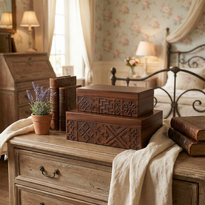 Hand-Carved Decorative Wood <strong>Storage</strong> Box Rustic Whitewashed Finish Rectangular Keepsake <strong>Chest</strong> <strong>with</strong> Geometric Pattern Light Brown - Product Image 1