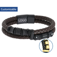 Bracelet en cuir véritable double couche pour homme, tissé, fermoir magnétique en acier inoxydable, plaqué noir, style punk, cadeau tendance, hip hop