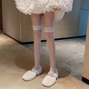 Fishnet Stockings With Lace Trim Black And White Women's Knee High <b>Socks</b> Spring Summer Thin <b>Sexy</b> Trendy Style - Product Image 2