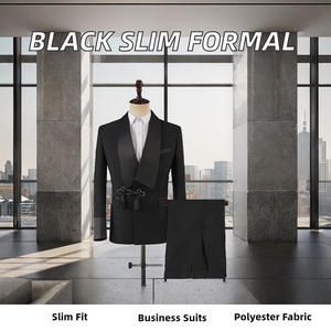 Elegante Traje Formal Negro Ajustado de Poliéster que Combina a la Perfección la Confección Occidental con Elementos de Diseño Oriental, Cierre de un Solo Botón - Product Image 2