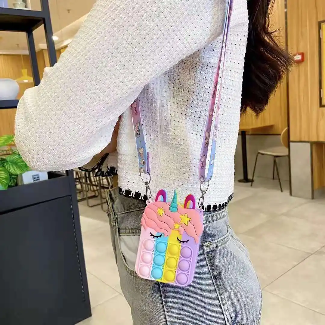 Nueva moda descompresión lindo silicona Fidget alivio del estrés Pop unicornio forma pequeño bandolera niñas bolso de hombro