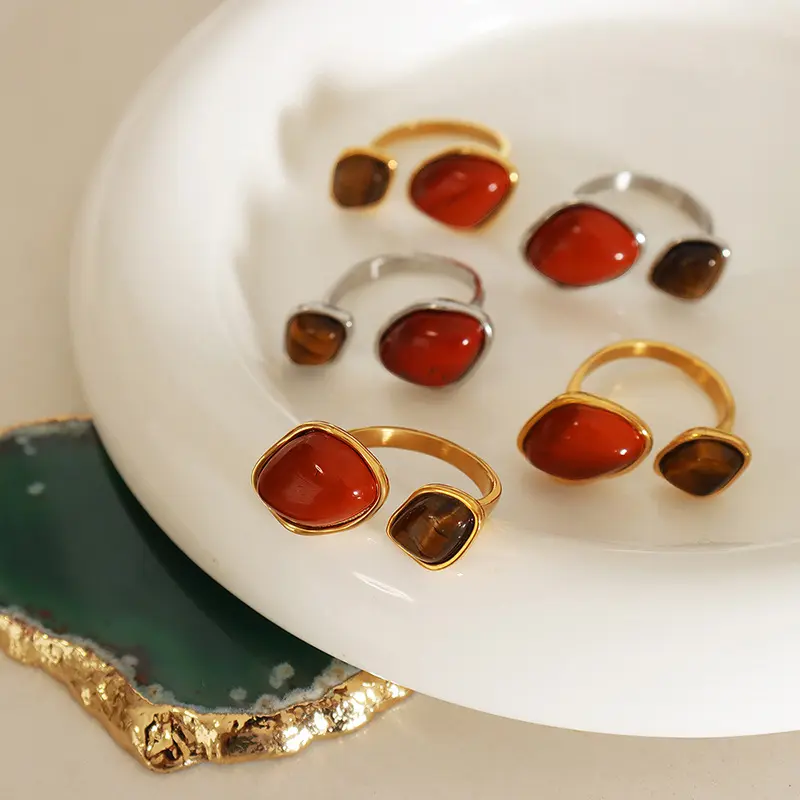 Vintage Natural Stone U Shape Rings 18K Gold Plated Stainless Steel Irregular Red Amber Tiger Eye Stone Inlay Finger Rings