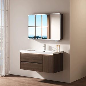Meuble de salle de bain moderne intelligent avec vasque intégrée en céramique, combinaison noyer et vasque à poser - Product Image 2
