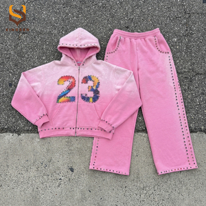 Conjunto de Sudadera con Capucha y Pantalones Deportivos para Hombre, con Cierre de Cremallera, Pedrería y Lavado Ácido, Personalizado con Logotipo del Fabricante OEM - Product Image 1