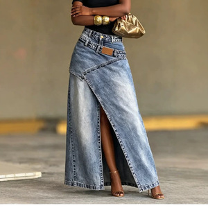 Nouvelle conception 2026 : Jupe longue en jean délavé avec patchwork superposé pour femme - Product Image 4