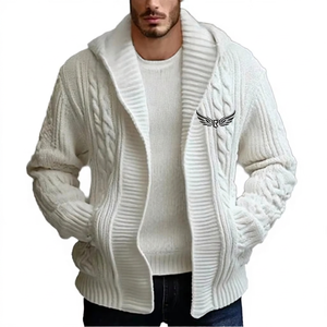 <b>Men's</b> White Knitted Open Front Thick Cable Knit Casual Winter Sweater <b>Jacket</b> Regular Fit Solid Color Turn-down Collar - Product Image 1