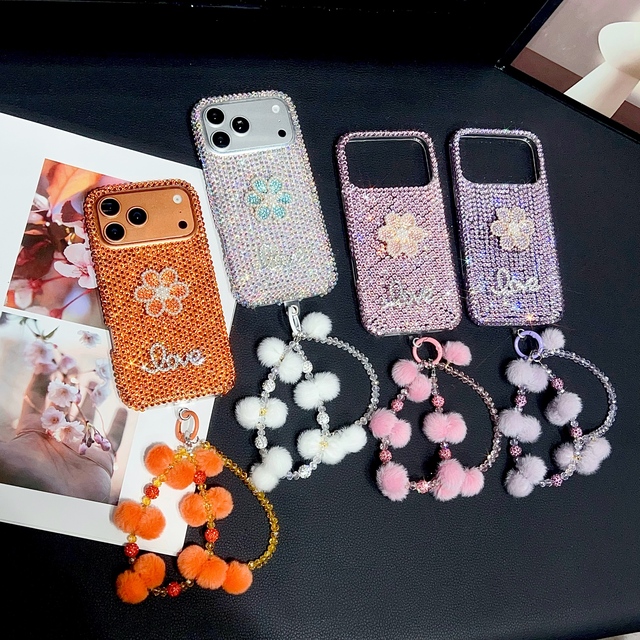 Flower Luxury Glitter Diamond case Phone Case for iPhone 17 16 15 Pro Max Free Shipping with Chain Mobile Accessories