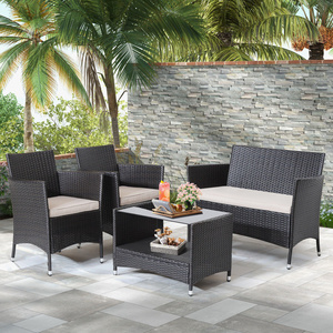Ensemble de conversation pour patio extérieur DB 4 pièces avec coussins doux dessus de table en verre trempé pour meubles de jardin ou ensemble de canapé d'extérieur - Product Image 1