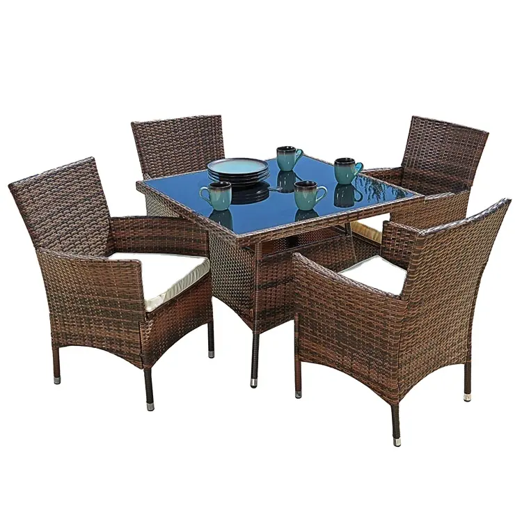 Buitenmeubilair All Weather Vierkante Rieten Eettafel En Stoelen, Eettafel Set Eigentijdse Tuin Set Sonoma Loungeset