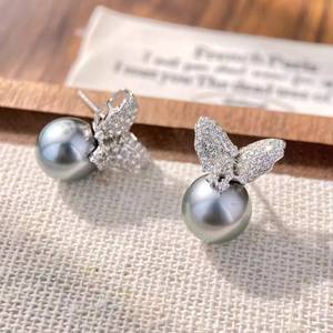 WENCHI Model 10964 22655DIY Pearl Accessories S925 Silver Stud Earrings 8-10mm Beads Empty Stand Fashionable <b>Butterfly</b> Design - Product Image 1