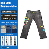 Jeans en denim pour hommes, coupe slim, noir délavé, imprimé boules de billard, jambe droite épaisse, en denim selvedge, personnalisables OEM