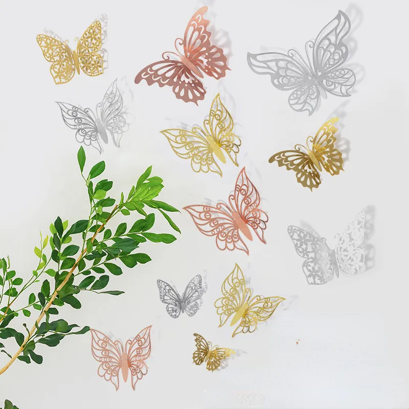 12 Pcs /Pack Gold Rose Gold Color 3D Wall Stickers for Wedding Birthday Decors Butterfly Wall Decor