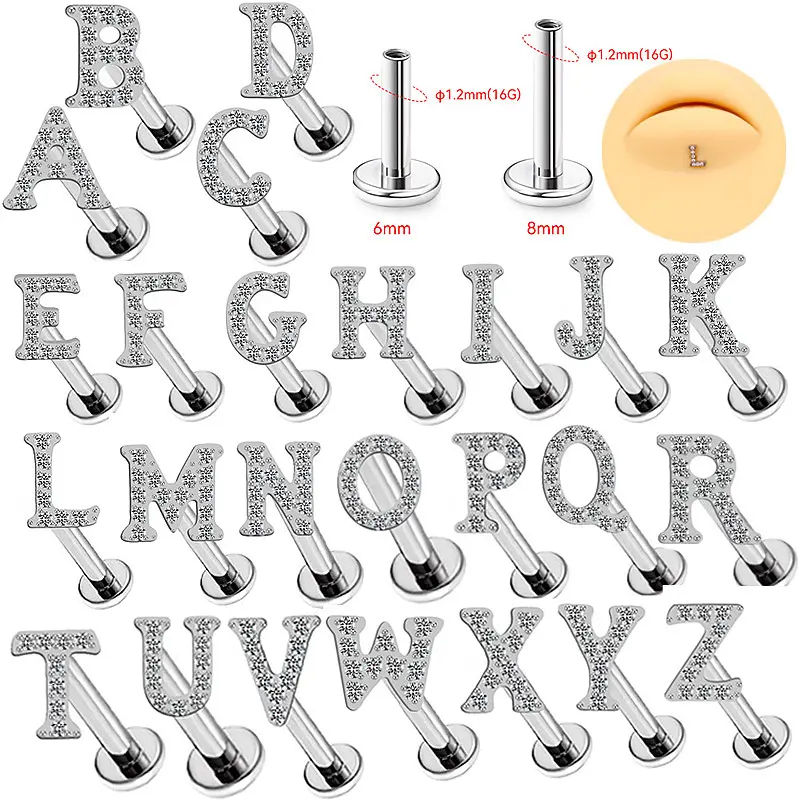 Gaby alphabet 16G ASTM F136 implant-grade titanium lip ring flat cartilage push in labret body piercing jewelry wholesale