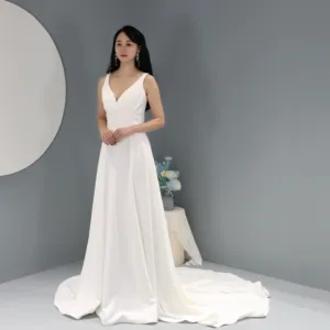 2024 Braut Hochzeit Satin Kleid Qualität V-Ausschnitt neuer Stil Plus-Größe bodenlang Kapelle-Schleppe klassisches neues Hochzeitskleid für Dame