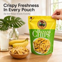 Zakje met gusseted bodem, ritssluiting, voor bananenchips, fruitchips, tropische snacks, distributeur, retailer, lage minimale bestelhoeveelheid