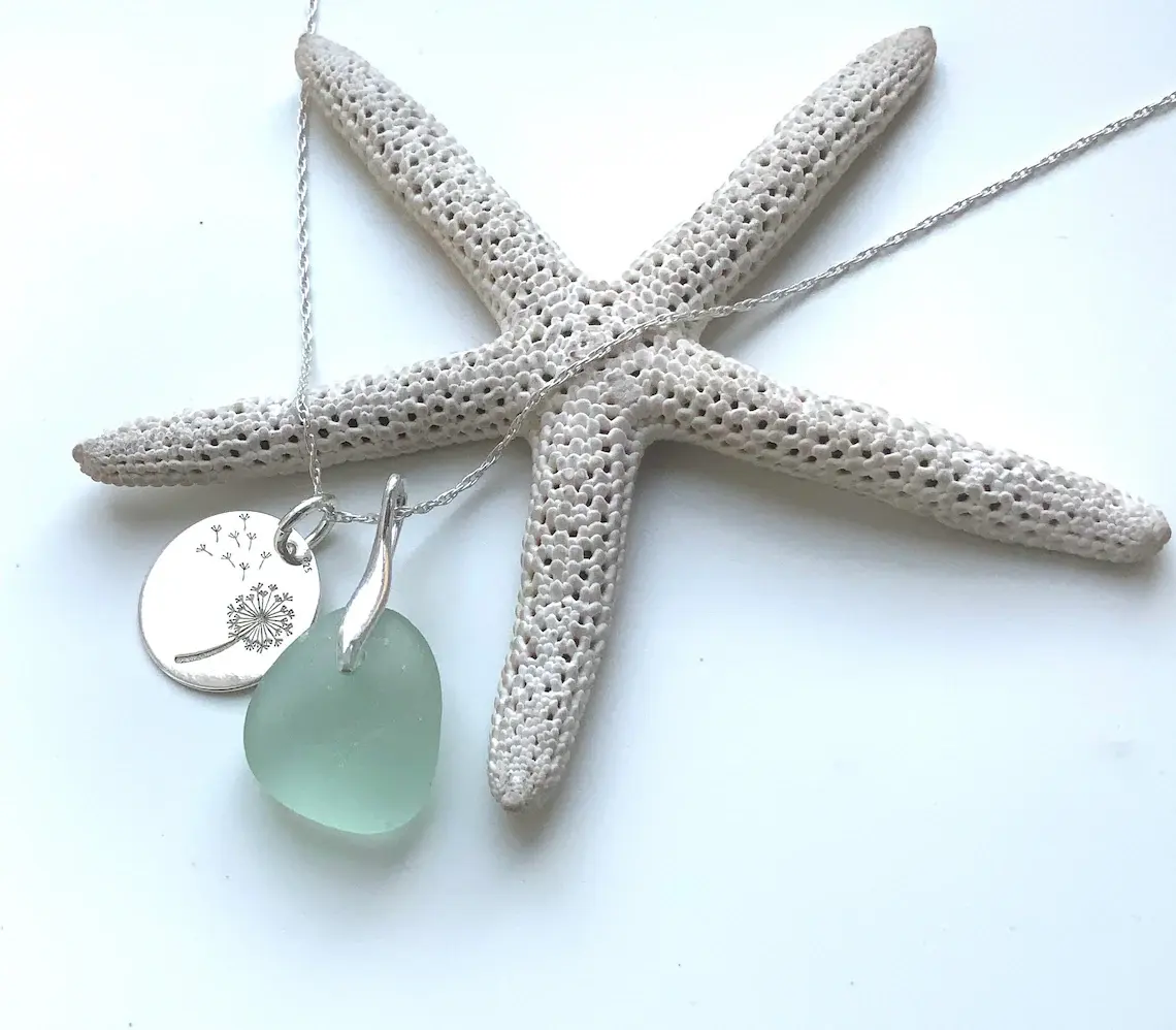 Sea Glass Necklace Neck Make A Wish Dandelion Clock Charm Aqua Seaglass Seaham