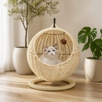 Panier pour chat blanc en rotin synthétique tressé, écologique, durable, respirant, facile à nettoyer, résistant à la moisissure, pour coin intérieur des animaux de compagnie