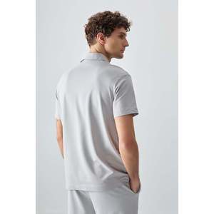 T-shirt basique pour homme en coton texturé épais et doux, col polo, coupe ample - 88381 - Stone - Product Image 5