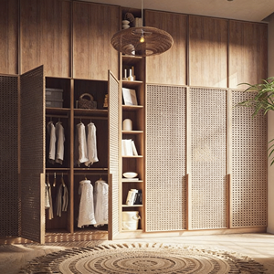 Modern İskandinav Tarzı Dayanıklı Masif Ahşap Gardırop, Sürgülü Menteşeli Rattan Kapılı Yatak Odası Dolapları, Fabrikadan Doğrudan Gardırop - Product Image 1